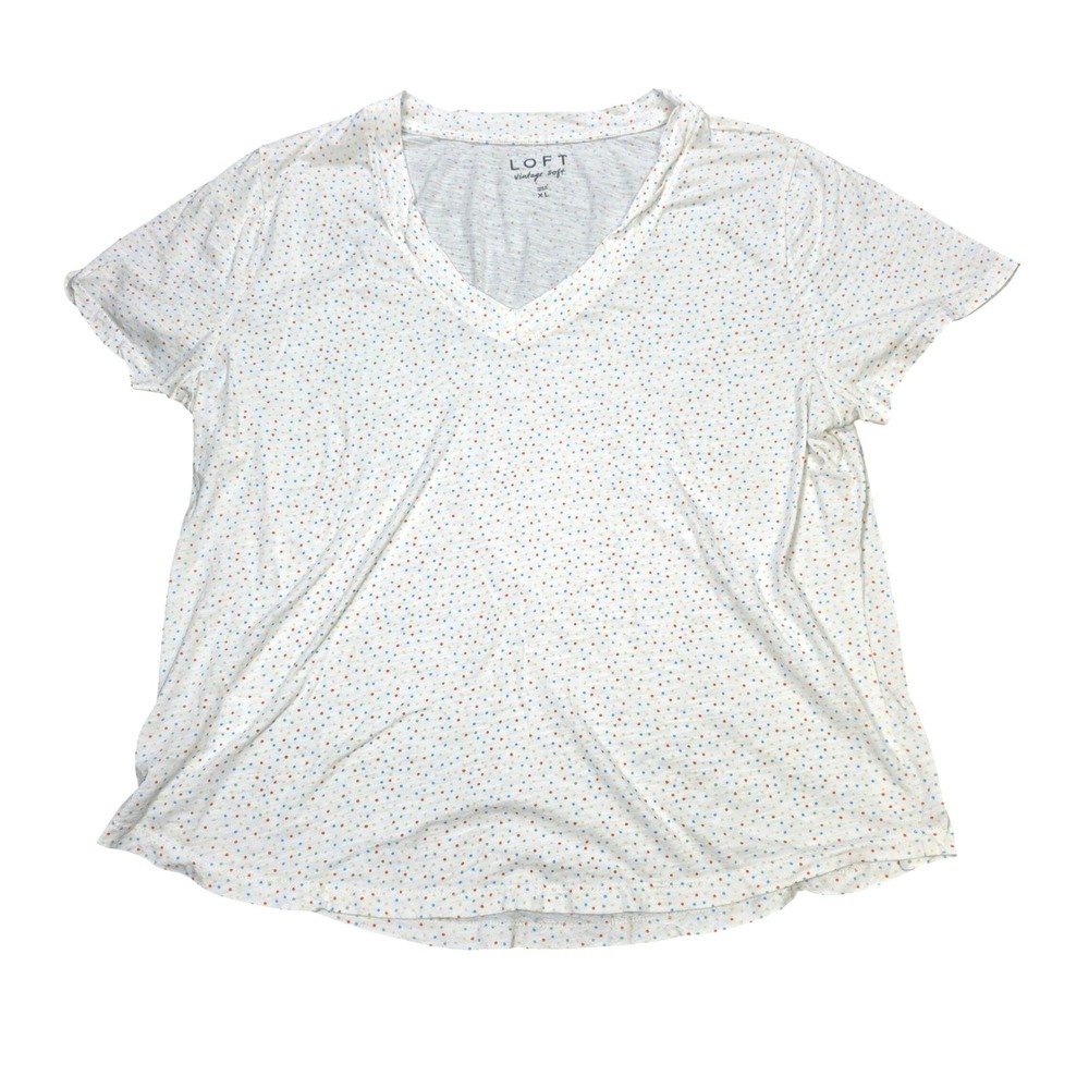LOFT Vintage Soft V-Neck Tee Women's Size XL White Multicolored Polka Dot Cotton